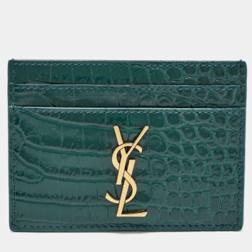 مملوكة مسبقًا Saint Laurent Green Croc Embossed Leather Monogram Card Holder