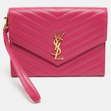 Pre Owned Saint Laurent Pink Matelassé Leather Monogram Envelope Wristlet Clutch