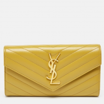 Pre Owned Saint Laurent Mustard Yellow Matelasse Leather Large Cassandre Flap Wallet