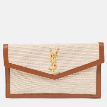 Pre Owned Saint Laurent Beige/Brown Canvas and Leather Uptown Pouch