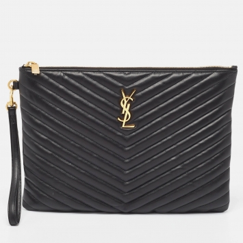 Pre Owned Saint Laurent Black Matelasse Leather Cassandre Tablet Pouch
