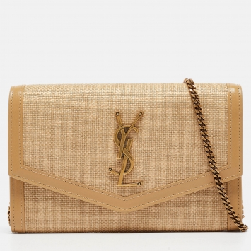 Pre Owned Saint Laurent Beige Raffia and Leather Uptown Wallet on Chain