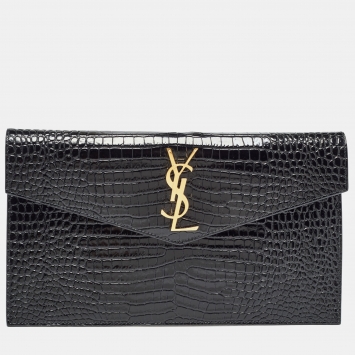 Pre Owned Saint Laurent Black Shine Croc Embossed Leather Medium Uptown Pouch