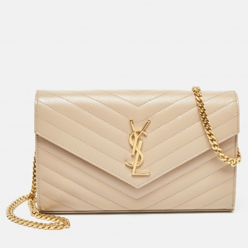 Pre Owned Saint Laurent Beige Matelassé Leather Monogram Envelope Wallet on Chain