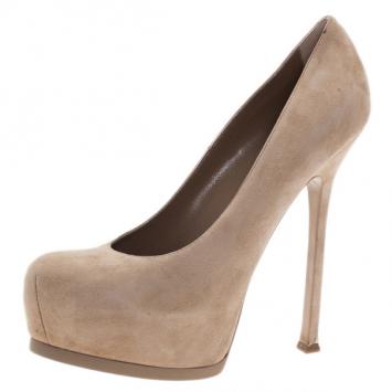 Pre Owned Saint Laurent Paris Beige Suede Tribtoo Platform Pumps Size 40.5