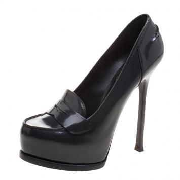 Pre Owned Saint Laurent Grey Glossy Leather Tribtoo Penny Loafer Platform Pumps Size 40.5