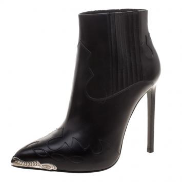 Pre Owned Saint Laurent Paris Black Leather Western Paris Pointed Toe Ankle Boots Size 37.5