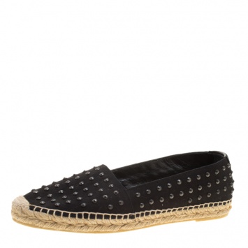 Pre Owned Saint Laurent Paris Black Stud Embellished Canvas Flat Espadrilles Size 40