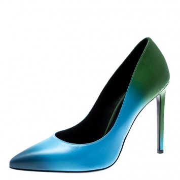 Pre Owned Saint Laurent Paris Blue And Green Dègradè Leather Classic Paris Pointed Toe Pumps Size 37