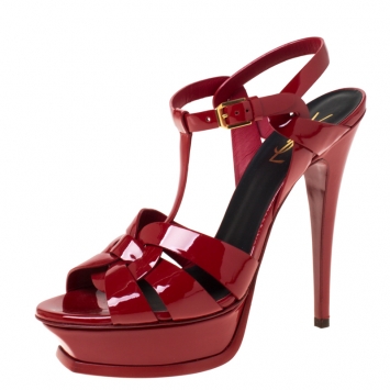 Pre Owned Saint Laurent Paris Red Patent Leather Tribute Platform Sandals Size 39