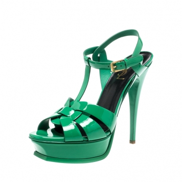 Pre Owned Saint Laurent Paris Green Patent Leather Tribute Platform Sandals Size 39
