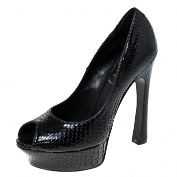 Pre Owned Saint Laurent Paris Black Python Leather Palais Peep Toe Platform Pumps Size 37