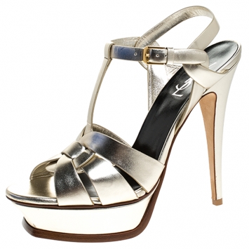 Pre Owned Saint Laurent Paris Metallic Pale Gold Leather Tribute Platform Strap Sandals Size 40