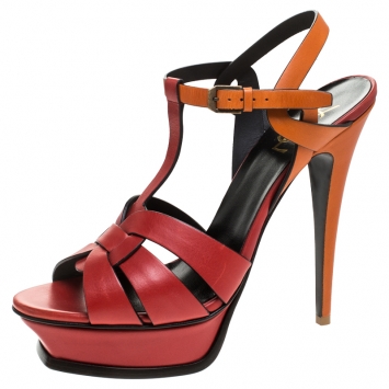 Pre Owned Saint Laurent Paris Red/Orange Leather Tribute Platform Ankle Strap Sandals Size 41.5