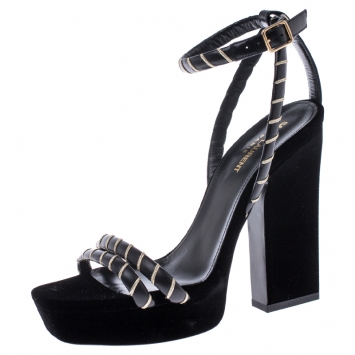 Pre Owned Saint Laurent Paris Black Velvet Debbie Ankle Strap Platform Sandals Size 40