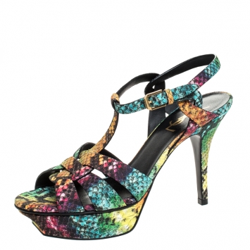 Pre Owned Saint Laurent Paris Multicolor Python Embossed Leather Tribute Platform Sandals Size 37