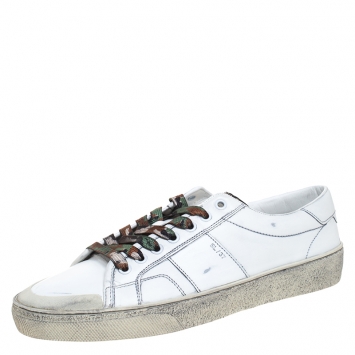 Pre Owned Saint Laurent Paris White Distressed Leather Camo Lace SL/37 Classic Court Sneakers Size 41