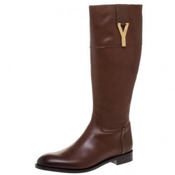 Pre Owned Saint Laurent Paris Brown Leather Chyc Knee High Boots Size 39.5