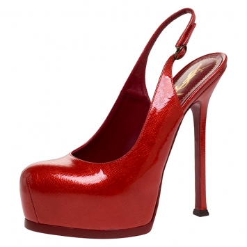Pre Owned Saint Laurent Red Patent Leather Tribtoo Slingback Platform Pumps Size 39