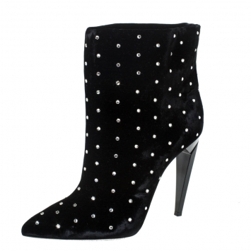 Pre Owned Saint Laurent Black Crystal Embellished Velvet Freja Ankle Boots Size 38
