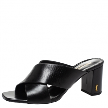 Pre Owned Saint Laurent Paris Black Leather Lou Lou Cross Strap Mule Sandals Size 37