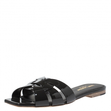 Pre Owned Saint Laurent Paris Dark Grey Patent Leather Tribute Flat Slides Size 36