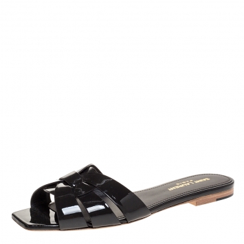 Pre Owned Saint Laurent Paris Dark Grey Patent Leather Tribute Flat Slides Size 37
