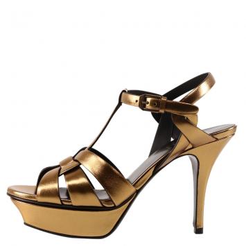 Pre Owned Saint Laurent Gold Leather Tribute high-heel sandals IT 37