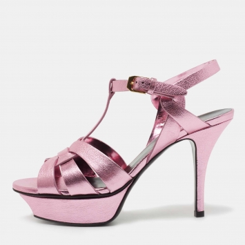 Pre Owned Saint Laurent Metallic Pink Leather Tribute Sandals Size 35.5
