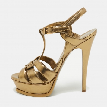 Saint Laurent Metallic Gold Leather Tribute Sandals Size 38