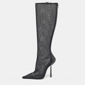 Pre Owned Saint Laurent Black Mesh and Leather Knee Length Boots Size 39
