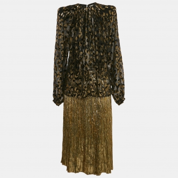 Pre Owned Saint Laurent Black/Gold Fil Coupe and Lurex Blouse and Pleated Midi Skirt Set M/S