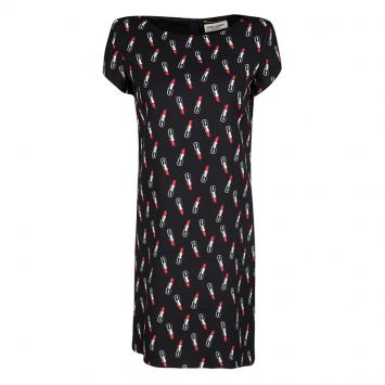 Pre Owned Saint Laurent Paris Black Lipstick Print Cap Sleeve Shift Dress S