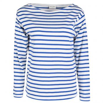 Pre Owned Saint Laurent Paris Blue and White Striped Cotton Knit Long Sleeve Top M