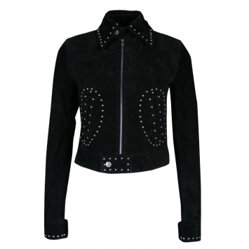 Pre Owned Saint Laurent Black Calf Suede Studded Biker Jacket S