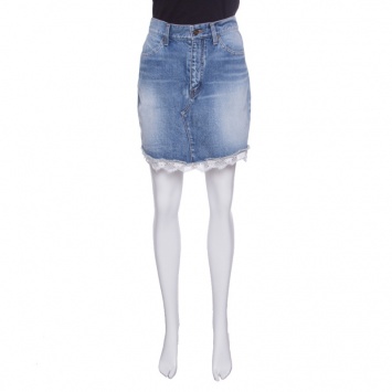 Pre Owned Saint Laurent Paris Blue Faded Effect Denim Fringed Lace Hem Detail Skirt M