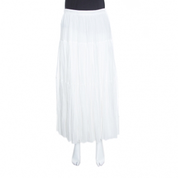 Pre Owned Saint Laurent Paris White Crinkled Cotton Tiered Midi Skirt L