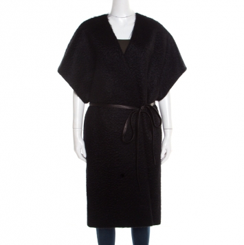 Pre Owned Saint Laurent Paris Black Angora Wool Belted Short Sleeve Kimono Coat L