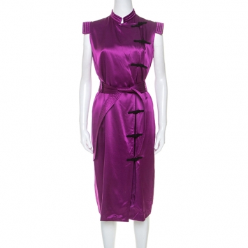 Pre Owned Yves Saint Laurent Purple Silk Mandarin Collar Belted Dress