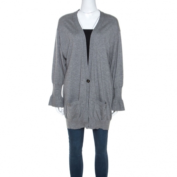 Pre Owned Yves Saint Laurent Grey Cashmere Bishop Sleeve Cardigan L