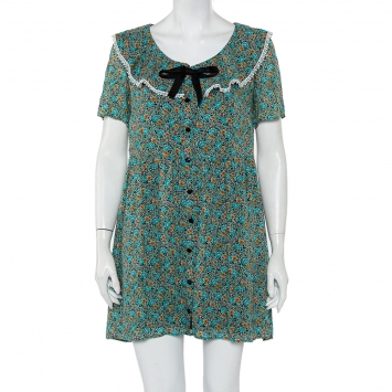 Pre Owned Saint Laurent Paris Green Floral Printed Button Front Mini Dress M