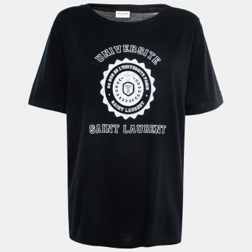 Pre Owned Saint Laurent Paris Black University Print Cotton T-Shirt L