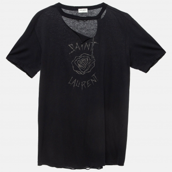Pre Owned Saint Laurent Black Barbed Roses Cotton Ripped T-Shirt M