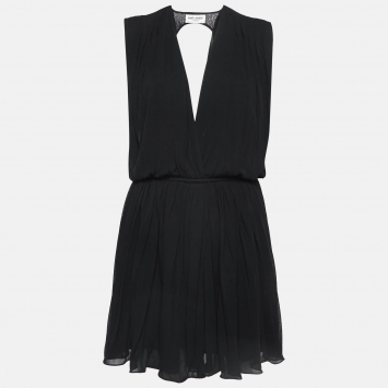 Pre Owned Saint Laurent Paris Black Draped Jersey Deep Neck Mini Dress L