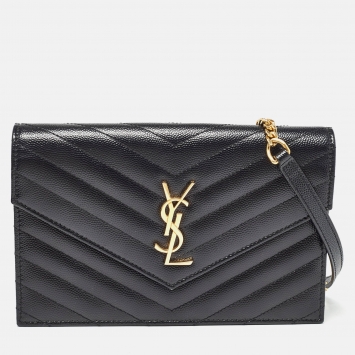 Pre Owned Saint Laurent Black Matelassé Leather Monogram Envelope Wallet on Chain
