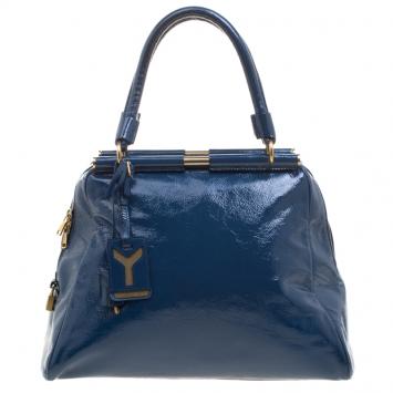 Pre Owned Saint Laurent Paris Navy Blue Patent Leather Medium Majorelle Satchel