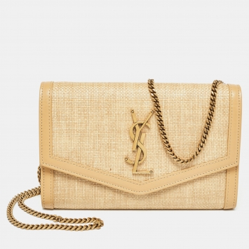 Pre Owned Saint Laurent Beige Raffia and Leather Uptown Wallet on Chain