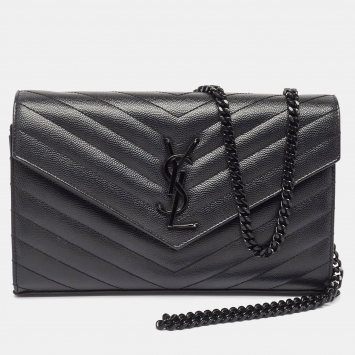 Pre Owned Saint Laurent Black Matelassé Leather Monogram Envelope Wallet On Chain