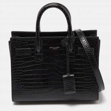 Pre Owned Saint Laurent Black Croc Embossed Leather Nano Classic Sac De Jour Tote
