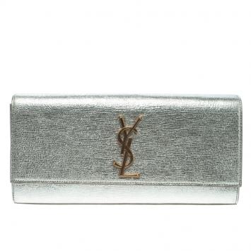 Pre Owned Saint Laurent Paris Silver Leather Monogram Cassandre Clutch